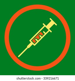 Syringe vector icon. Style is bicolor flat rounded symbol, orange and yellow colors, rounded angles, green background.