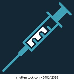 Syringe vector icon. Style is bicolor flat symbol, blue and white colors, rounded angles, dark blue background.