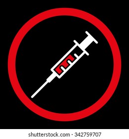 Syringe vector icon. Style is bicolor flat rounded symbol, red and white colors, rounded angles, black background.