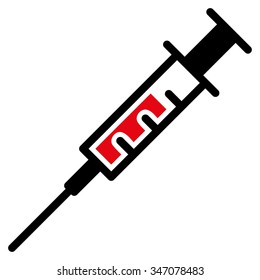 Syringe vector icon. Style is bicolor flat symbol, intensive red and black colors, rounded angles, white background.