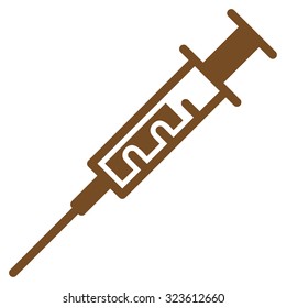 Syringe vector icon. Style is flat symbol, brown color, rounded angles, white background.