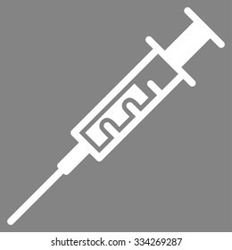 Syringe vector icon. Style is flat symbol, white color, rounded angles, gray background.