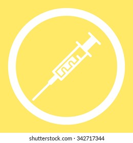 Syringe vector icon. Style is flat rounded symbol, white color, rounded angles, yellow background.