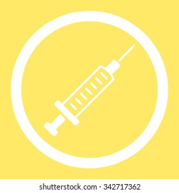 Syringe vector icon. Style is flat rounded symbol, white color, rounded angles, yellow background.