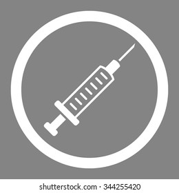 Syringe vector icon. Style is flat rounded symbol, white color, rounded angles, gray background.