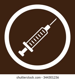 Syringe vector icon. Style is flat rounded symbol, white color, rounded angles, brown background.