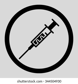 Syringe vector icon. Style is flat rounded symbol, black color, rounded angles, light gray background.