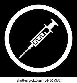 Syringe vector icon. Style is flat rounded symbol, white color, rounded angles, black background.