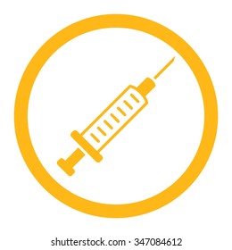 Syringe vector icon. Style is flat rounded symbol, yellow color, rounded angles, white background.