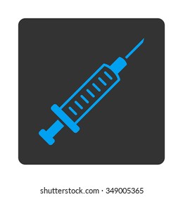 Syringe vector icon. Style is flat rounded square button, blue and gray colors, white background.