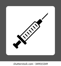 Syringe vector icon. Style is flat rounded square button, black and white colors, gray background.