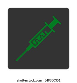 Syringe vector icon. Style is flat rounded square button, green and gray colors, white background.