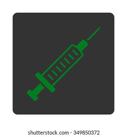 Syringe vector icon. Style is flat rounded square button, green and gray colors, white background.