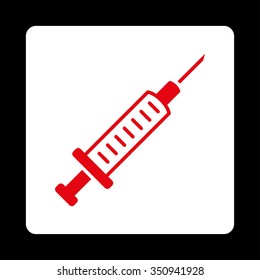 Syringe vector icon. Style is flat rounded square button, red and white colors, black background.