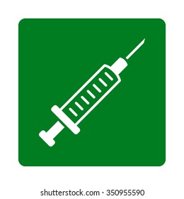 Syringe vector icon. Style is flat rounded square button, white and green colors, white background.