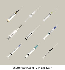 Colección de ilustraciones planas aisladas de vectores de jeringuillas. Perfecto para diferentes tarjetas, textiles, sitios web, aplicaciones 