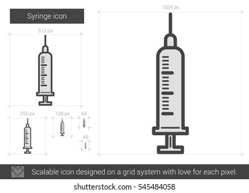 Icono de la línea vectorial de la jeringa aislado en fondo blanco. Icono de línea de jeringas para infografía, sitio web o aplicación. Icono escalable diseñado en un sistema de cuadrícula.