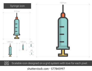 Spritze, Vektorsymbol einzeln auf weißem Hintergrund. Symbol für die Spritzenlinie für Infografik, Website oder App. Skalierbares Symbol, das auf einem Gittersystem entworfen wurde.