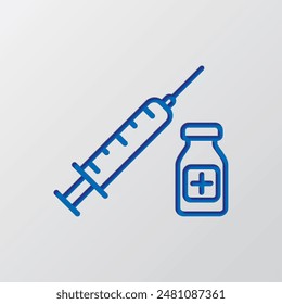 Syringe with vial bottle, vaccination simple icon vector. Flat design. Paper cut design. Cutted blue symbol with shadow. Gray background.ai