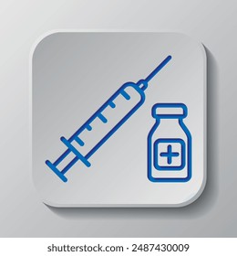 Syringe with vial bottle, vaccination simple icon vector. Flat design. Paper cut design. Cutted blue symbol with shadow. Gray badge button, gray background.ai