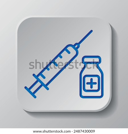 Syringe with vial bottle, vaccination simple icon vector. Flat design. Paper cut design. Cutted blue symbol with shadow. Gray badge button, gray background.ai