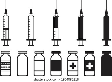 Syringe and vial icon. Black and white flat design. Vaccine, medical, epidemic disease concept, isolated vector illustration. Vaccination Simple Icon.