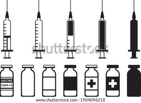 Syringe and vial icon. Black and white flat design. Vaccine, medical, epidemic disease concept, isolated vector illustration. Vaccination Simple Icon.