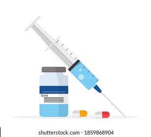 Syringe With Vial For Injection. Bottle With Vaccine. Antibiotic In Plastic Vial For Inject. Needle Of Syringe For Shot Of Drug. Icon Of Medicine. Ampoule With Insulin, Pills And Vitamins. Vector.