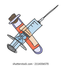syringe and vial of medicine. doodle sketch vector stock
