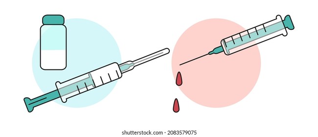 Syringe And Vial With Medicine For Intravenous Treatment Vector Illustration. Empty Plastic Syringe With Blood Drops. Educational Infographic Template.