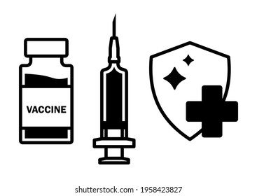 Syringe, vial and shield icon. Vaccination and protection concept of different infection. Immunization concept. Corona virus vaccination. Injection tool for Covid-19 immunization treatment. Vector