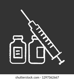 Syringe and vials chalk icon. Flu shot. Vaccination. Virus, infection prevention. Vaccine. Medications, drugs. Isolated vector chalkboard illustration