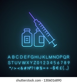 Syringe and vials neon light icon. Flu shot. Vaccination. Virus, infection prevention. Vaccine. Medications, drugs. Glowing sign with alphabet, numbers and symbols. Vector isolated illustration