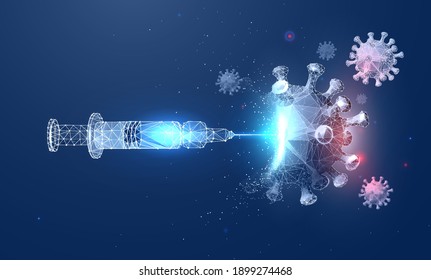 Syringe and virus vaccine concept in futuristic polygonal style. Antiviral measures, coronavirus immunity protection. Vector illustration of technologies in medicine in wireframe polygonal style