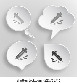 Syringe. White flat vector buttons on gray background.
