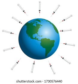 Syringes around planet earth. Symbol for mass vaccination and global immunization campaign of big pharma. Vector on white.
