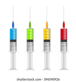 Syringes with colored liquids on a white background. Vector illustration.