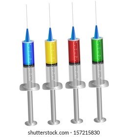 Syringes filled with solution various bright colors on white background for medical,health care or pharmacy themes 