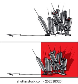 Syringes are hiding. Vector. Cartoon illustration of the dangers of drug abuse.