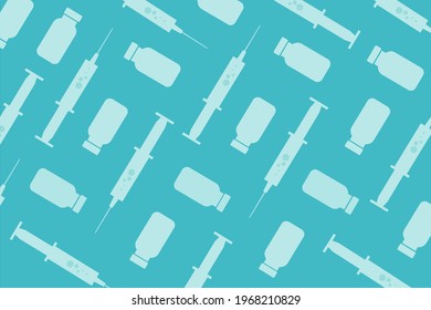 Syringes and medicine bottle. Turquoise color pattern, background, banner. Pharmaceuticals, vaccine for Treatment of diseases, epidemics, infections, virus. Colorful flat isolated vector illustration.