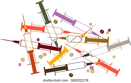 Syringes and pills vector illustration, representing drug addiction and abuse,  EPS 8