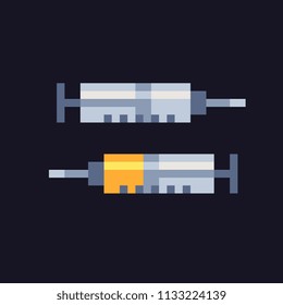 Syringes pixel art icon. Syringe with injection medicine isolated vector illustration. 8-bit sprite. Design stickers, logo, mobile app.