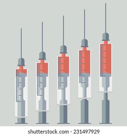 Syringes with red liquid (blood) in flat colors style