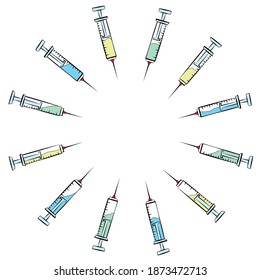 Syringes surrounding blank area. Injections pointing at empty place. Isolated comic vector illustration on white background.
