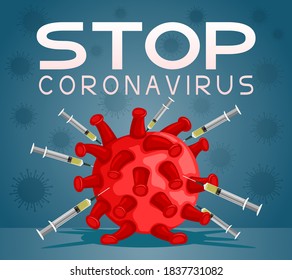 Syringes with vaccine defeated coronavirus on blue background.