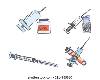 syringes and vaccine medical stock. vector doodle sketch stock