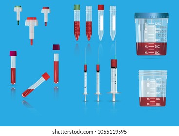Syringes, vacuum containers, vials and lancets. Realistic vector illustrations. 