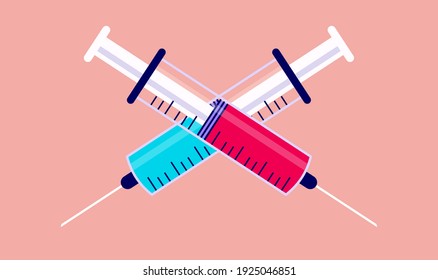 Syringes vector illustration - Two syringes forming cross, red and blue colour.