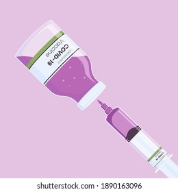syringes and vials of coronavirus vaccines. vector illustration on purple background