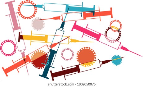 Syringes and viruses vector illustration representing vaccine research, EPS 8, no transparencies 